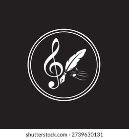 Sophisticated circular emblem featuring a bold white treble clef on the left and an intricately detailed feather pen on the right, with flowing musical notes (quaver and semiquaver) emerging from the pen nib against solid black background. Double-outlined white circle frames this elegant composition symbolizing music composition, creative writing, and artistic expression. Striking monochrome design perfect for music schools, recording studios, and creative arts organizations.