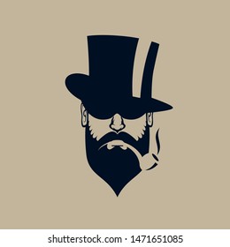 A sophisticated and classic vector mascot featuring a bearded gentleman wearing a stylish top hat and smoking a traditional tobacco pipe. The minimalist dark silhouette against a tan background evokes a sense of vintage luxury, prestige, and old-school craftsmanship. This professional emblem is perfect for barbershops, gentleman's clubs, cigar lounges, premium men's grooming products, antique stores, and classic lifestyle branding.