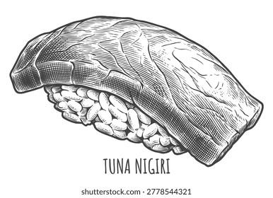 A sophisticated, classical engraving style vector illustration of a Tuna Nigiri (Maguro). This detailed hand-drawn artwork is perfect for authentic Japanese restaurant menus and premium seafood branding.