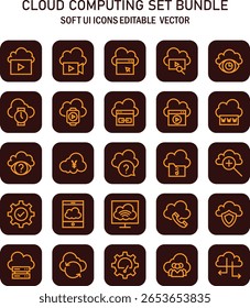 Sofisticado pacote de conjunto de ícones de computação em nuvem para projetos de desenvolvimento e design de interface do usuário