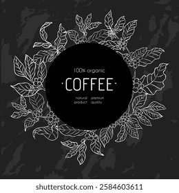 A sophisticated coffee packaging design featuring white botanical line art of coffee plants on a dark textured background, emphasizing organic and premium quality.