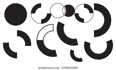 A sophisticated collection of abstract circular geometric shapes, featuring a variety of black vector arcs, concentric rings, and segmented semi-circles. These minimalist silhouettes are perfect for creating modern logos, technical illustrations, architectural diagrams, and contemporary UI UX design elements.