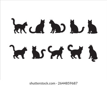 A sophisticated collection of black cat silhouettes in various poses is presented on a clean white background