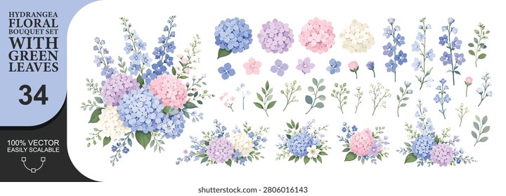 Sophisticated collection featuring hydrangea flower clusters in blue, purple, pink and white with lush green foliage. Set includes large bouquets and individual stems. Ideal for wedding invitations, baby showers, elegant stationery and floral themed projects. High quality botanical art.