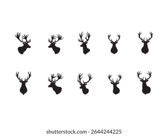 A sophisticated collection of ten black deer head silhouettes is presented for your design needs.