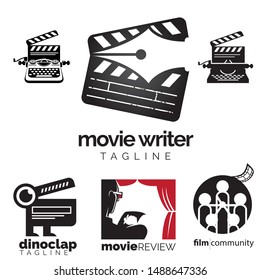 A sophisticated collection of vector logo templates for the film and creative writing industry. This set features unique concepts such as a clapperboard integrated with a fountain pen nib, vintage typewriters with film reels, and minimalist silhouettes of movie reviewers and film communities. Perfect for screenwriters, film production houses, movie review blogs, independent directors, cinema clubs, and scriptwriting agencies.