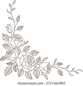 Un sofisticado diseño de borde de esquina con una intrincada disposición de rosas perfiladas, capullos de rosa y subgrupos frondosos en un estilo de línea marrón clásico.