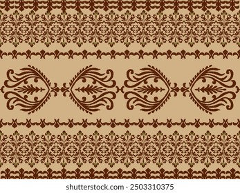 A sophisticated damask ikat pattern in warm brown and beige tones, perfect for creating classic and elegant textile designs with a traditional touch.