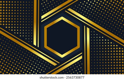 A sophisticated dark blue background featuring a gold hexagon framed by elegant lines and a subtle dotted pattern. Ideal for premium brands and high-end designs.