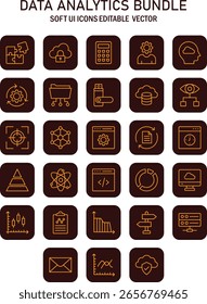 Sophisticated data analysis icons collection representing technology concepts and information processing with clean