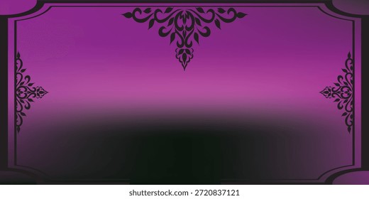 Un diseño sofisticado con una suave transición de degradado de púrpura vibrante a negro profundo, enmarcado por intrincados patrones ornamentales oscuros en las esquinas y en el centro superior, creando una estética lujosa y clásica.