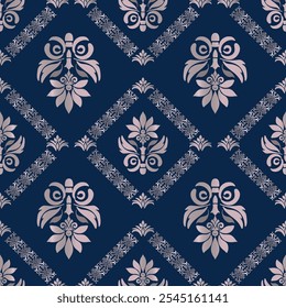 Sophisticated diamond-patterned damask design in navy blue with rose gold floral motifs. Modern take on classic pattern perfect for luxury packaging and upscale decor.