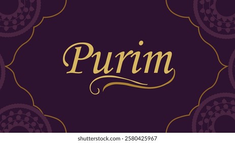 A sophisticated digital design for Purim featuring golden typography on a deep purple background with intricate decorative patterns symbolizing the Jewish holiday