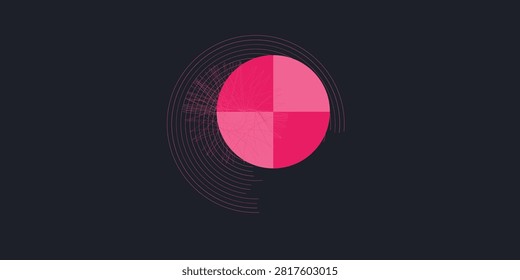A sophisticated digital illustration featuring a vibrant pink circular element intertwined with fine intricate linear wave patterns. Set against a deep dark charcoal background this minimalist desi