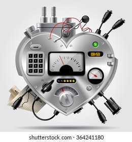 Sophisticated electronic device in the form of heart with the dashboard. Heart as computer system. Steampunk style design. Vector illustration