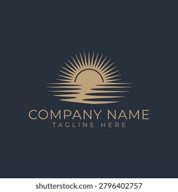 A sophisticated and elegant logo design featuring a stylized golden sun rising over a calm body of water, set against a solid dark navy blue background.
