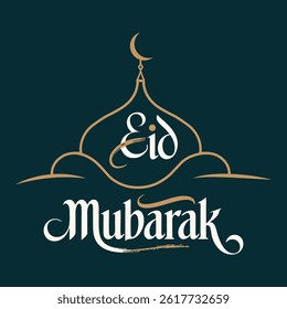 A sophisticated, elegant text of Eid Mubarak with a stylized mosque dome with a crescent moon