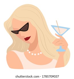 Sophisticated and elegant woman wearing trendy sunglasses and pearl necklace. Fashionable female character holding glass with alcoholic beverage, partying blonde personage vector in flat style