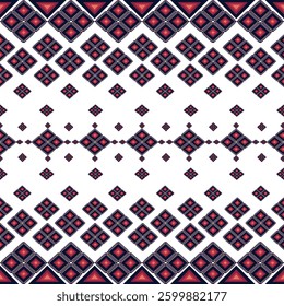 A sophisticated ethnic geometric pattern featuring intricate diamond motifs in deep red, navy blue, and white. Inspired by traditional tribal textiles, this seamless design is perfect for fabric print