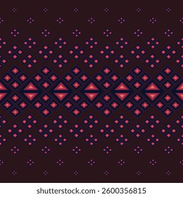 A sophisticated ethnic geometric pattern featuring intricate diamond motifs in shades of red, navy blue, and deep brown. This symmetrical tribal-inspired design evokes a sense of cultural heritag