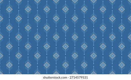 Sophisticated Ethnic Geometric Seamless Pattern featuring Rhombus and Dot Elements in Blue and Gray. Perfect Vector Illustration for Modern Textiles, Fashion, Decor, and Digital Backgrounds.
