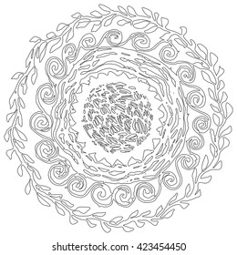 Sophisticated fashion coloring anti-stress for adults and children in the form of isolated round mandala flower with leaves and curls.