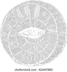 Sophisticated fashion coloring anti-stress for adults and children in the form of a circular hand-painted mandala isolated from the grid and the eye.