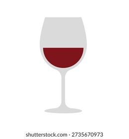 A sophisticated flat design vector illustration of a wine glass half-filled with red wine. This clean, minimalist graphic is ideal for restaurant menus, wine tasting event promotions, bar branding, and celebratory themes.