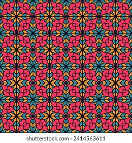 Sophisticated floral geometry seamless vector tile pattern. Simple geometric patchwork sample ornament. Abstract flower repeating tiling textile print. Mosaic wrapping arabesque bohemian motif