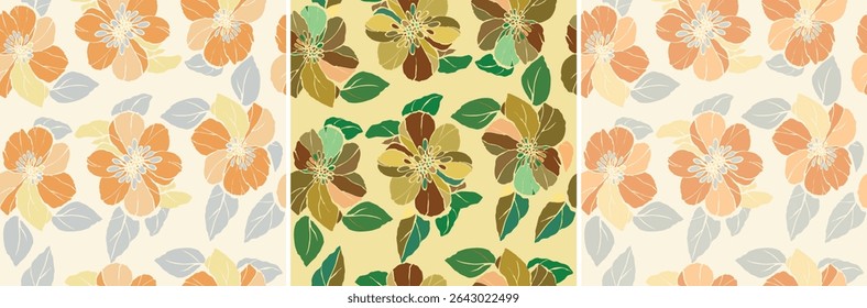 Sophisticated floral pattern featuring large stylized blossoms and leaves. Offered in a soft orange, grey, light background, and a warm brown, green, yellow combination for diverse uses