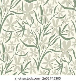 Sophisticated floral pattern. Tender blooms with leaves background. Sage green leaves with flowers, relaxing, neutral repeat. For fabric, paper design.