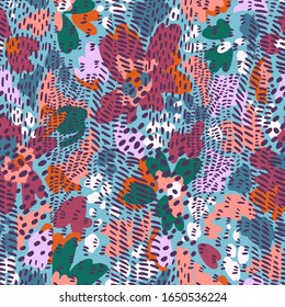 Sophisticated floral seamless pattern. Mix of abstract cartoon flowers and bold doodle striped shapes. Floral bloom with animal skin ornament. Flat design. Good for fashion, textile, fabric.