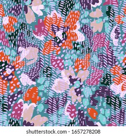 Sophisticated floral seamless pattern. Mix of abstract cartoon flowers and bold doodle striped shapes. Floral bloom with animal skin ornament. Flat design. Good for fashion, textile, fabric.