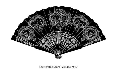 A sophisticated folding hand fan featuring a black fabric base adorned with delicate white lace-like floral and filigree embroidery patterns on a white background.