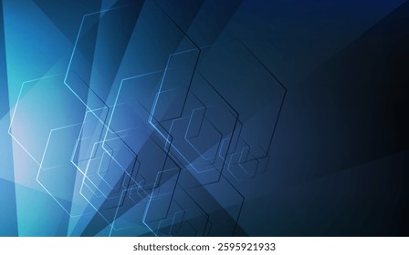 Sophisticated geometric background showcasing overlapping translucent hexagons with a captivating blue gradient color scheme and sleek modern aesthetic