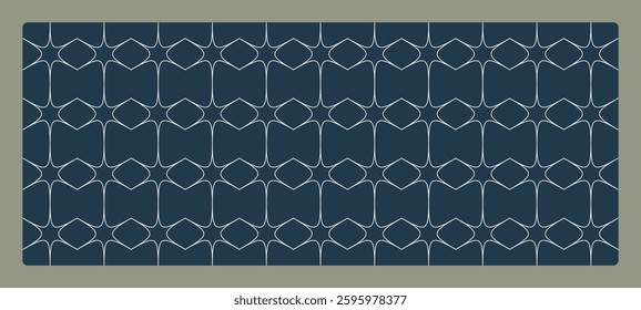A sophisticated geometric pattern composed of interconnected white lines forming rounded diamond and star-like shapes on a deep navy-blue background
