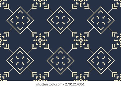 A sophisticated geometric pattern featuring gold shapes on a deep navy blue background, perfect for textiles or modern decor. Ideal for various design projects.