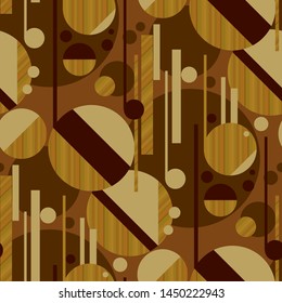 Sophisticated geometric seamless pattern with wood texture. Modern mosaic composition in 1950s style. Vector repeatable motif for fabric, textile, wrap, surface, wallpaper, web and print design. 