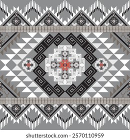 Sophisticated geometric tribal pattern in grayscale tones with intricate motifs, perfect for textiles, home decor, wallpapers, and digital artwork projects.