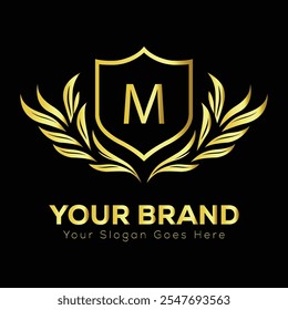 Sofisticado logotipo de escudo dorado M con Elementos de Laurel para la identidad de la marca Premium y el atractivo de lujo  