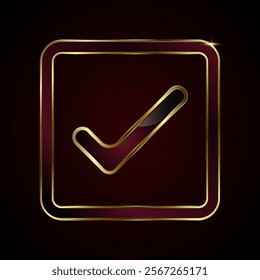 A sophisticated golden checkmark is enclosed within a square golden frame. The glossy black and deep burgundy gradient interior creates a luxurious appearance.