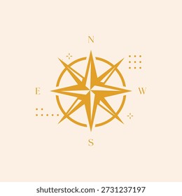 Una sofisticada rosa de brújula dorada con direcciones cardinales (N, S, E, W) y detalles geométricos minimalistas de "estrella" sobre un fondo crema suave.
