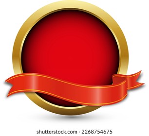 Sofisticado anillo dorado con cinta ondulada roja. Vector