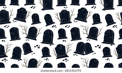 A sophisticated gothic-inspired half-drop repeat pattern featuring stylized midnight blue tombstones and sepia graveyard remnants on a crisp white background.