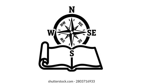 Sophisticated graphic showing a nautical compass resting on an open book, symbolizing education, discovery, travel stories, and navigating through knowledge for academic or travel brands.