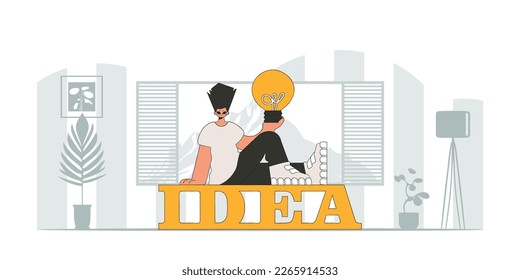 Sophisticated guy holding a light bulb. Idea theme. Retro trendy style.