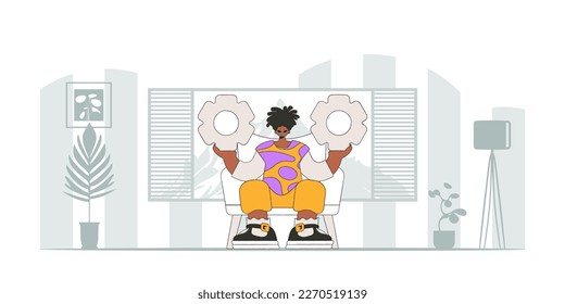 A sophisticated guy holds gears in his hands. Idea concept. trendy character.