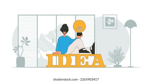 A sophisticated guy holds a light bulb in his hands. Idea theme. Retro trendy style.