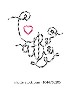 Sophisticated hand lettering of the European country - Croatia - with heart and vector map. Love Croatia banner,  rope texture.