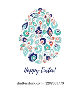 Sophisticated Happy Easter card with a traditional lowicz floral cutout turquoise-brick red-navy blue egg on a  white background